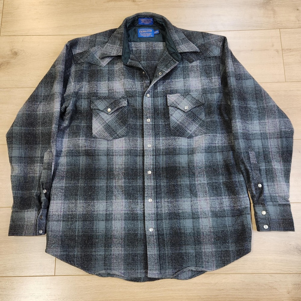 Pendleton Flannel Shirt Mens LT Gray Plaid Wool Pearl Snap Western Long Sleeve